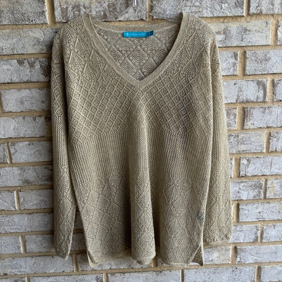 Tori Richard Long Sleeve V-Neck Gold Gletter Open Knit Sweater Women's Size S. - Picture 1 of 8